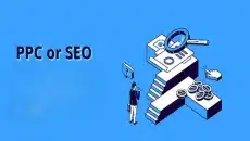 Graphic comparing PPC and SEO, showing a businessperson analyzing search and advertising icons on a blue digital marketing background.