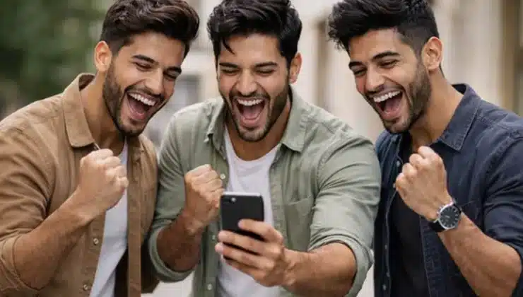 Friends celebrate successful mobile betting results together